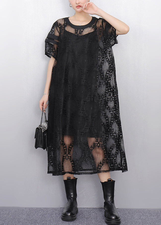 Women's Black Tulle Evening Dress With Lace Detailing - OutfitLondon