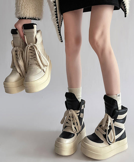 Women's Faux Leather Platform Boots Lace Up Black - OutfitLondon