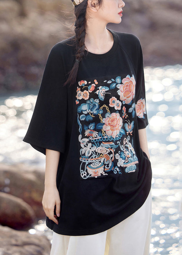 Women's Cotton T Shirt Embroidered Mid Sleeve Black Plus Size - OutfitLondon