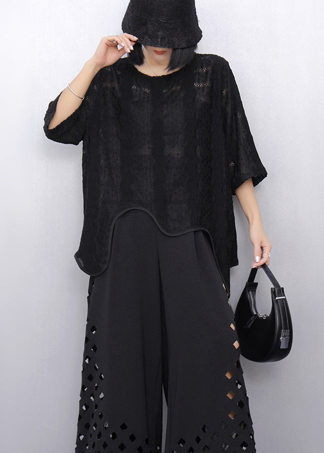 Women's Cotton Embroidered Tank Black Asymmetrical - OutfitLondon