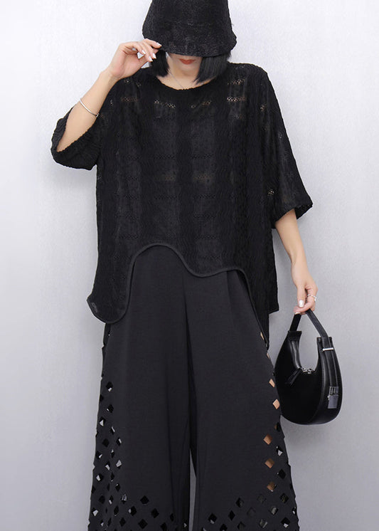 Women's Cotton Embroidered Tank Black Asymmetrical - OutfitLondon