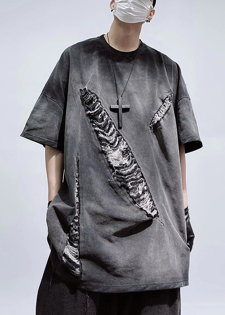 Men's Oversized Cotton T-Shirt Black Ripped Patches Relaxed Fit - OutfitLondon