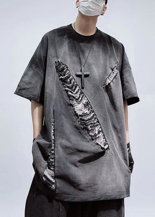 Men's Oversized Cotton T-Shirt Black Ripped Patches Relaxed Fit - OutfitLondon