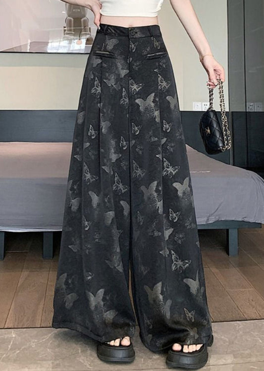 Women's High Waisted Wide Leg Pants Black Cotton Blend - OutfitLondon