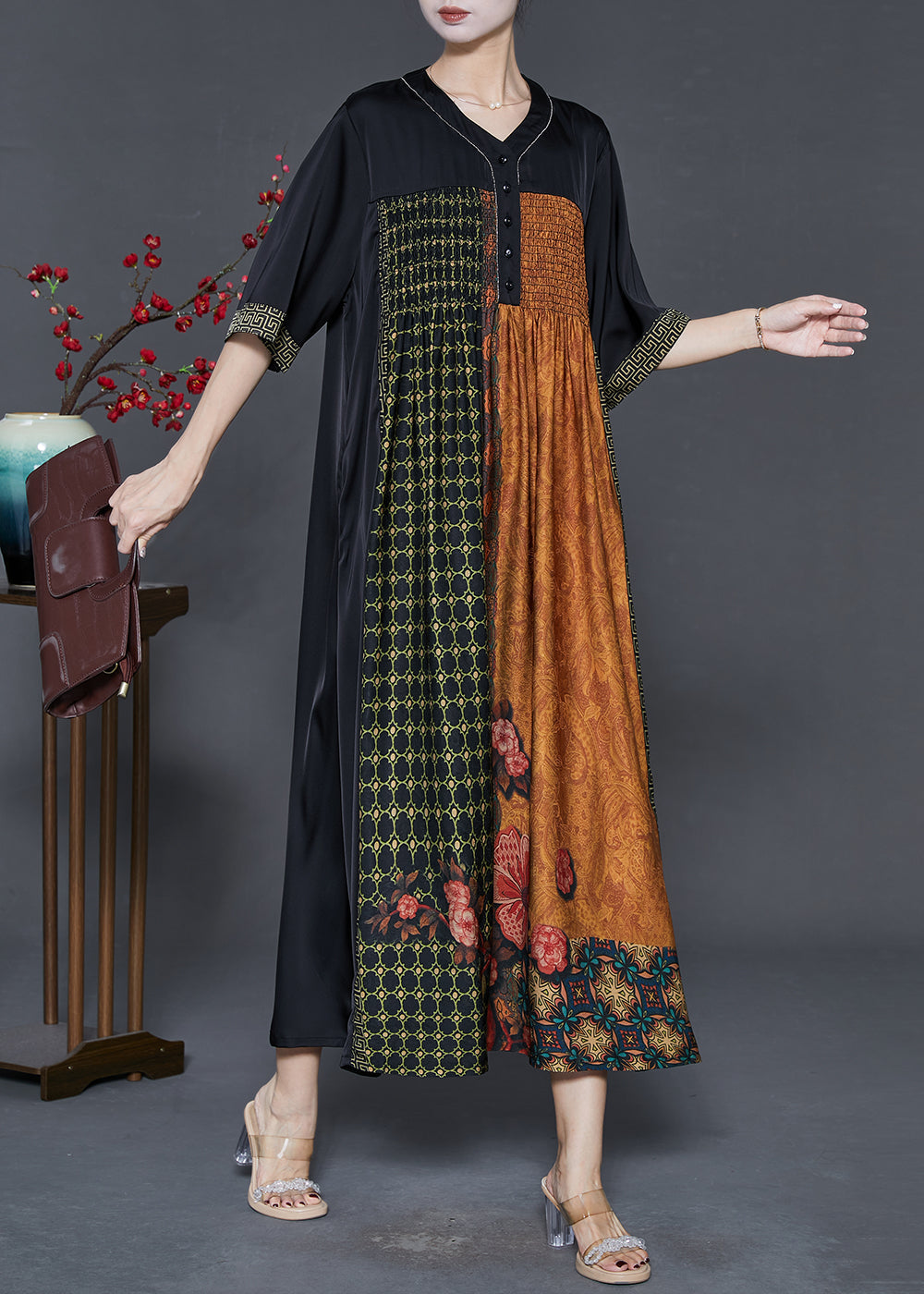 Women's Silk Blend Maxi Dress Patchwork Lightweight - OutfitLondon