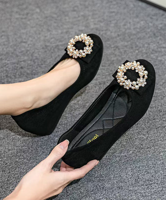 Women's Wedge Loafers Black Pearl Decorated Leather Comfort - OutfitLondon
