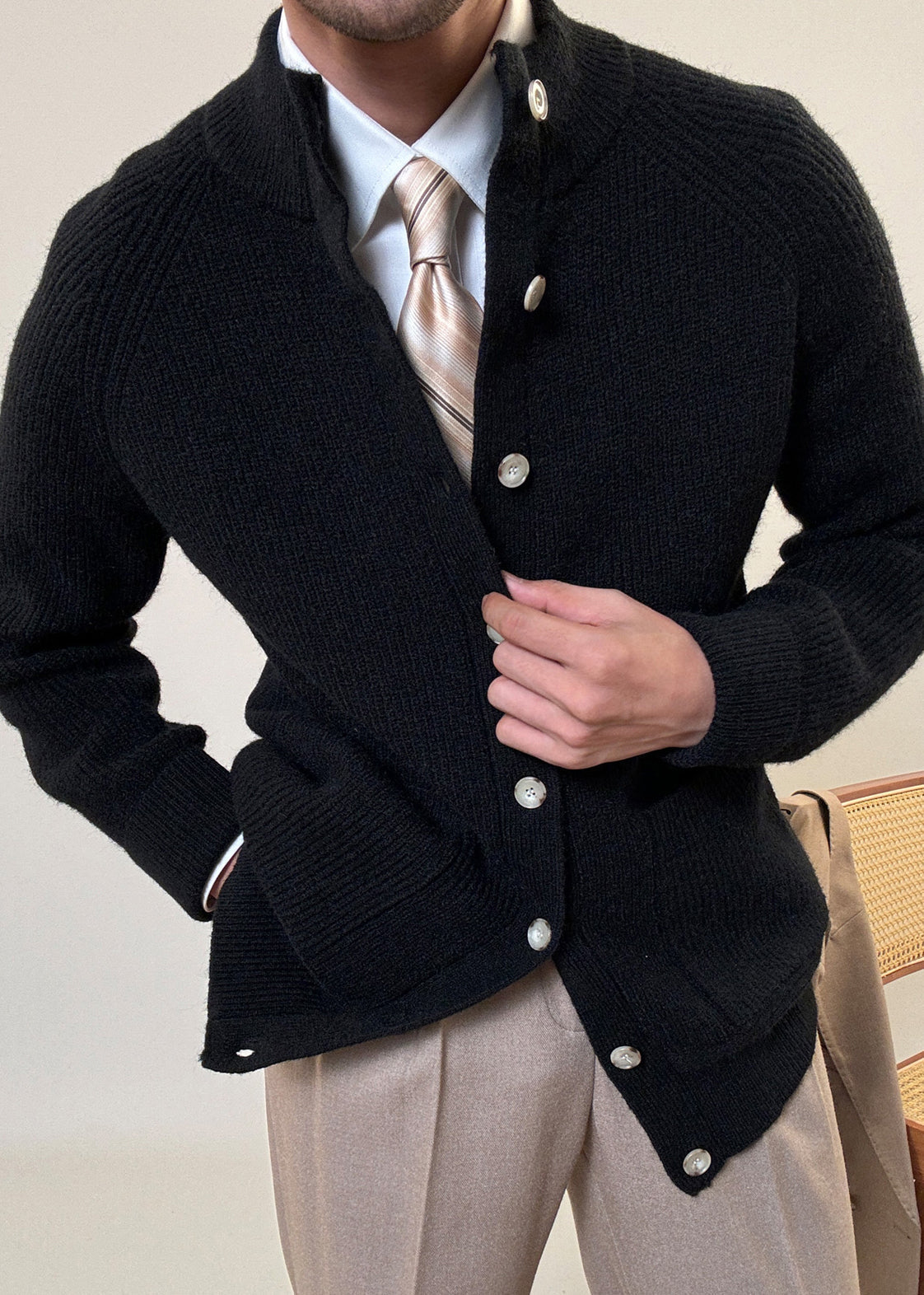 Men's Cotton Cardigan Coat Button Front Stand Collar - OutfitLondon