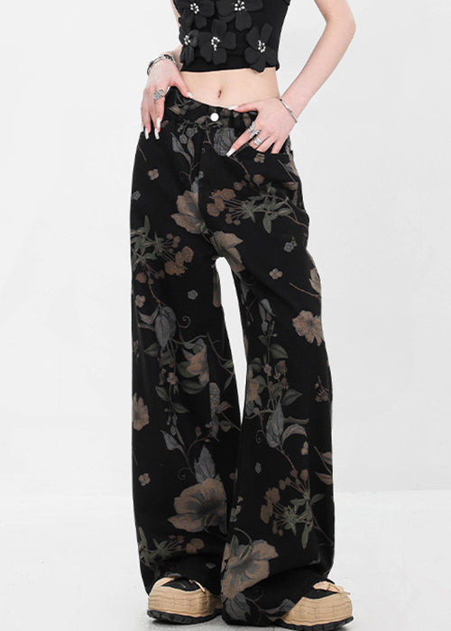 Women's High Waisted Wide Leg Black Denim Pants - OutfitLondon