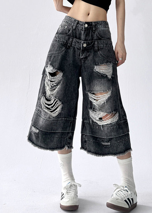 Women's High Waisted Distressed Denim Shorts Black - OutfitLondon