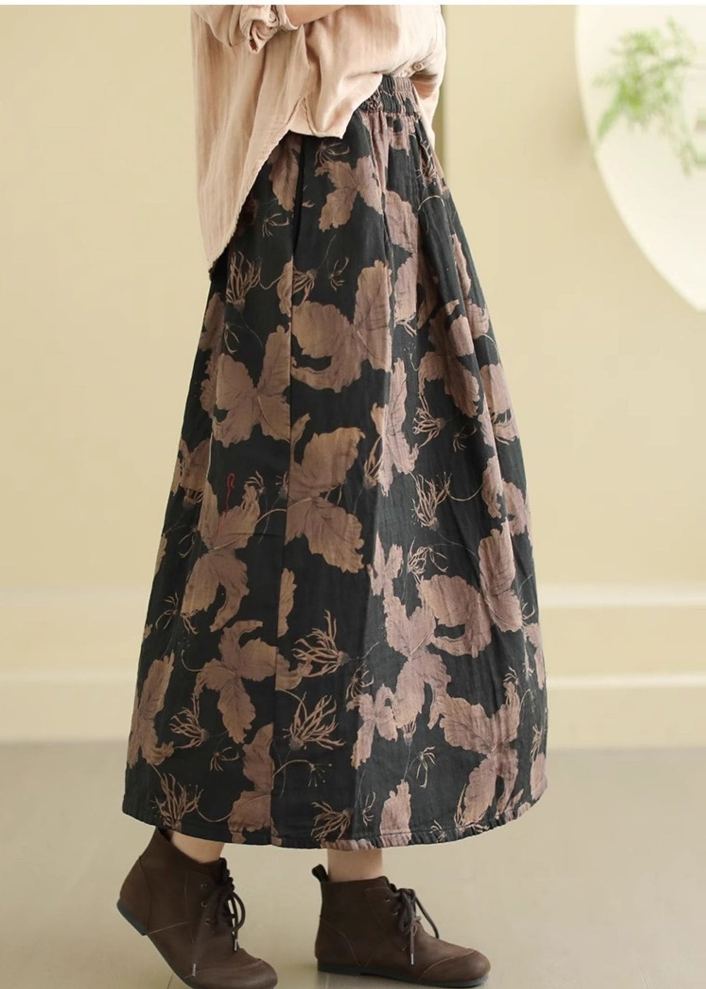 Women's Cotton A-Line Skirt Elastic Waist Floral Print - OutfitLondon