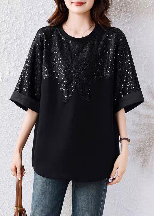 Women's Sequined Cotton T-Shirt Black Glitter Round Neck Half Sleeves - OutfitLondon