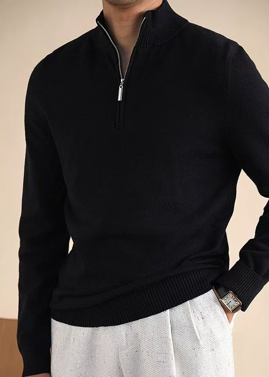 Mens Knit Zip Sweater Quarter Zip Black - OutfitLondon