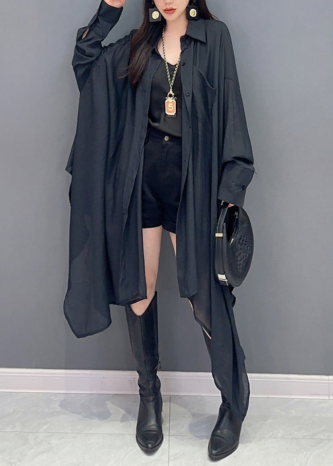 Women's Asymmetric Button Maxi Shirt Black - OutfitLondon