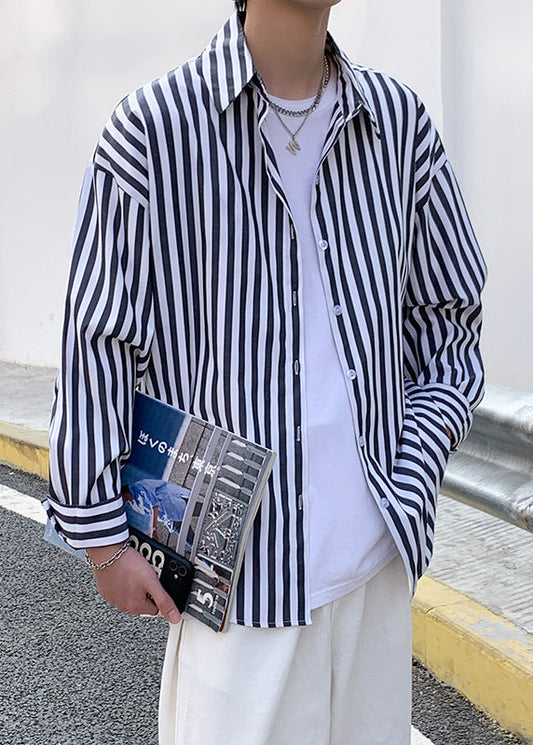 Men's Cotton Striped Shirt Button Front Peter Pan Collar - OutfitLondon
