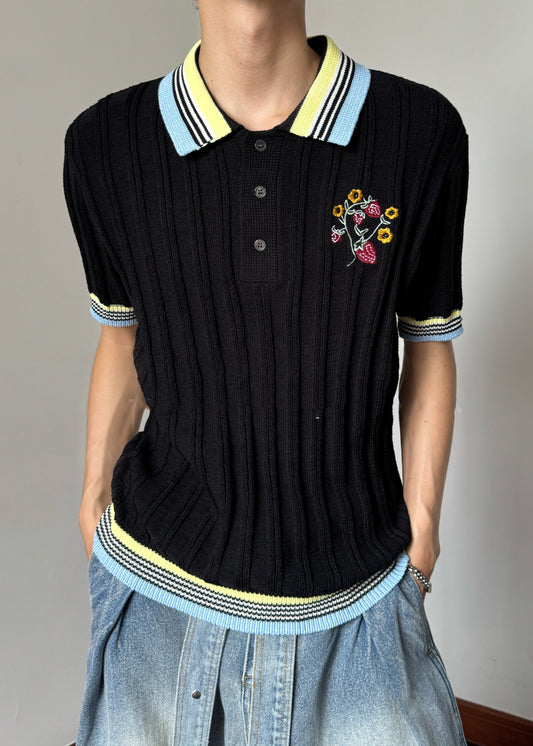Men's Patchwork Polo Shirt Floral Embroidery Peter Pan Collar - OutfitLondon