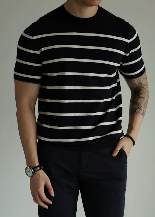 Men's Crew Neck Knit T-Shirt Black Striped Relaxed Fit - OutfitLondon