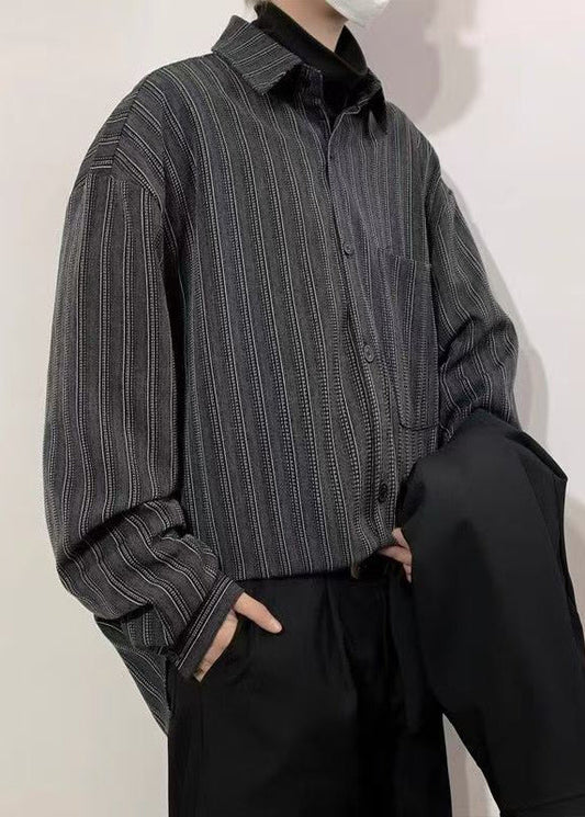 Men's Cotton Shirt Loose Fit Black Stripes Peter Pan Collar - OutfitLondon