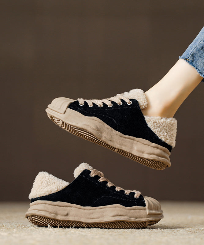 Women's Suede Flats Black Wool Lining Comfort - OutfitLondon