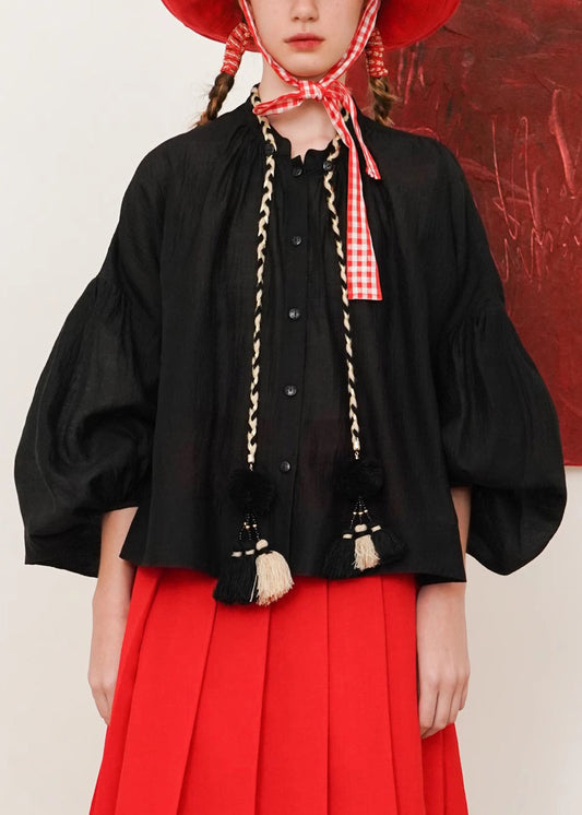 Women's Cotton Blouse Pom Pom Button Sleeves Black - OutfitLondon