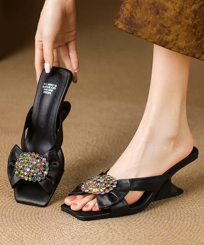 Women's Sheepskin Wedge Sandals Black Cushioned Insole - OutfitLondon