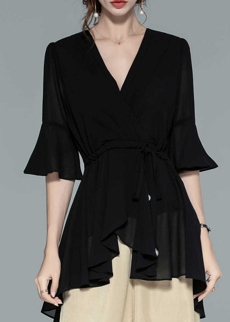 Women's V Neck Blouse Black Silk Chiffon Relaxed Fit - OutfitLondon