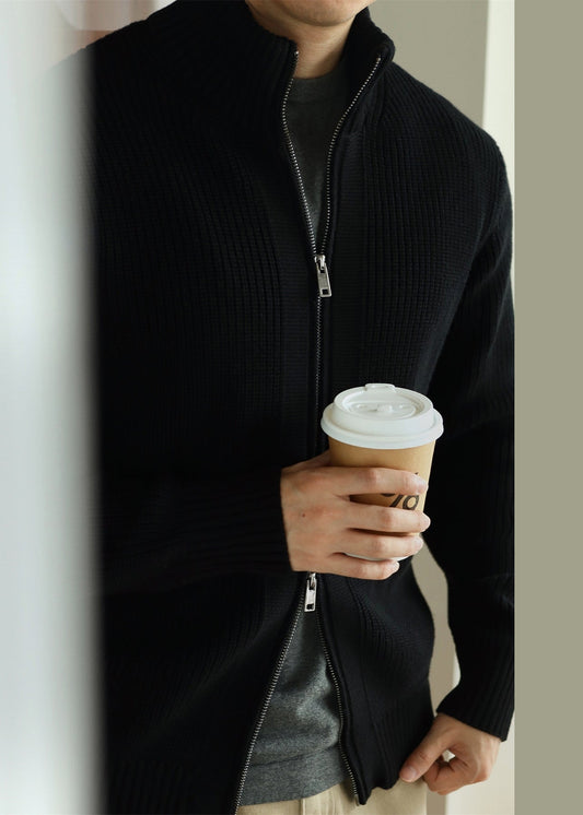 Mens Cotton Knit Coat Zip Up Breathable Winter Coat - OutfitLondon