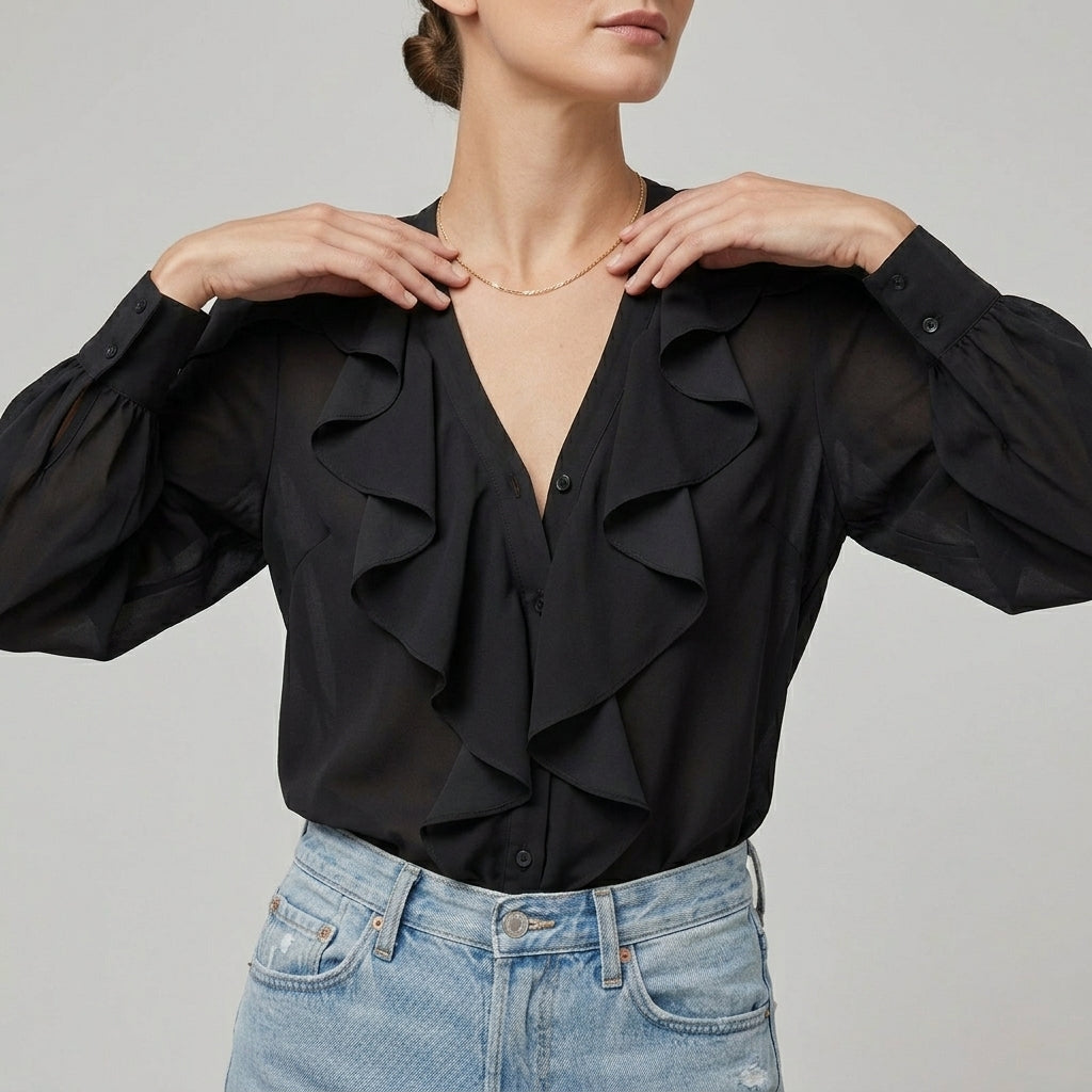 Soft Ruffle V Neck Long Sleeve Women's Blouse