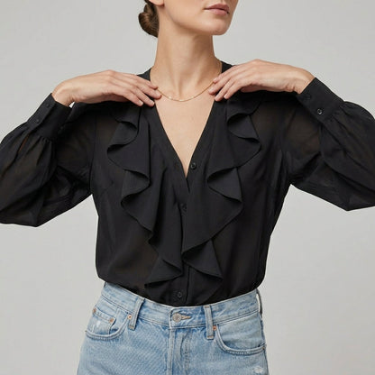 Soft Ruffle V Neck Long Sleeve Women's Blouse