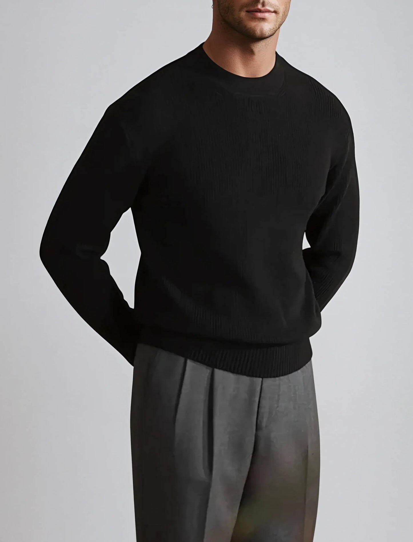 Classic Luxury Black Crew Neck Sweater - OutfitLondon