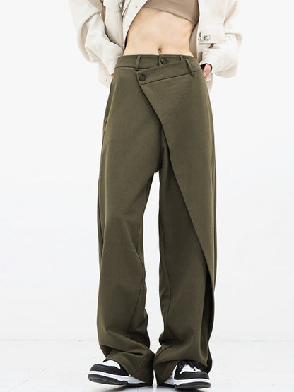 Relaxed Fit Women's Wide Leg Pants with Trendy Buttons