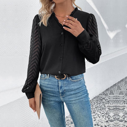 Comfortable V Neck Lace Blouse Relaxed Fit