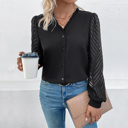 Comfortable V Neck Lace Blouse Relaxed Fit - OutfitLondon