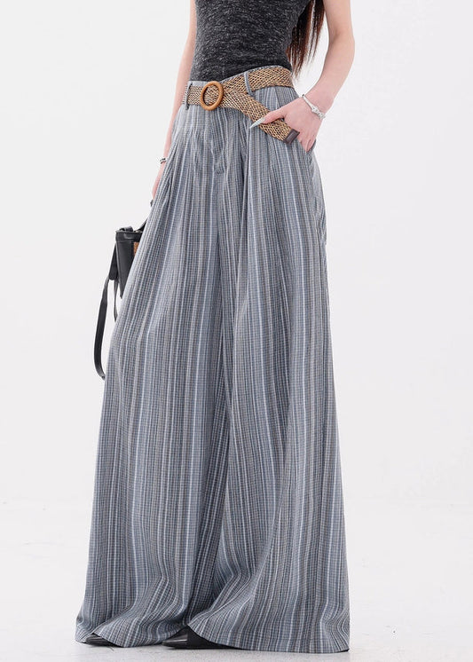 Women's Cotton Wide Leg Pants Elastic Waist Blue - OutfitLondon