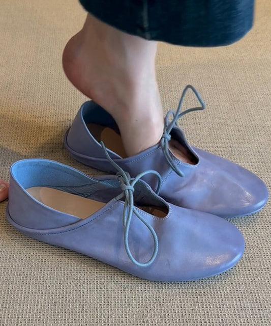 Women's Lace Up Flats Blue Cowhide Leather Comfortable - OutfitLondon