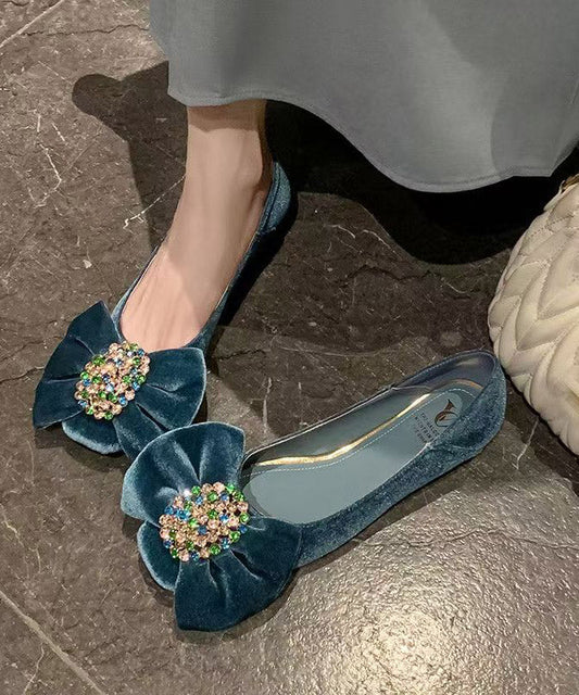 Women's Velvet Flats Blue Embellished Bow - OutfitLondon