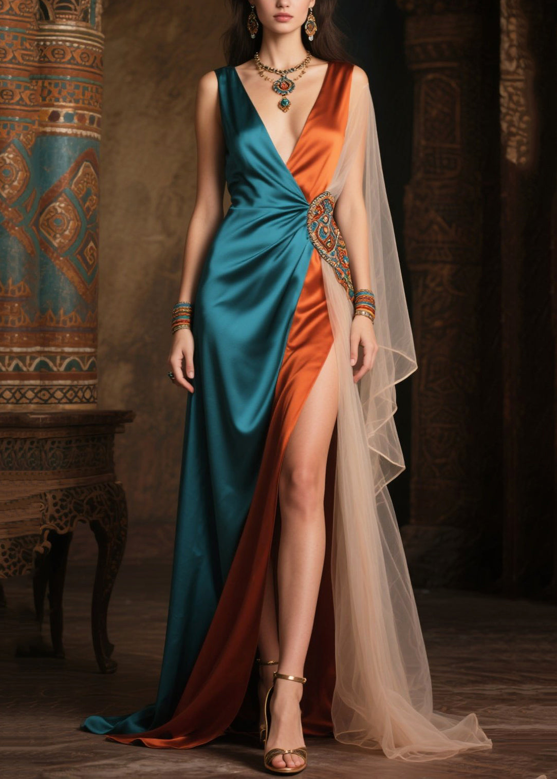 Women's Blue Tulle Patchwork Dress Asymmetrical Hem Lightweight - OutfitLondon
