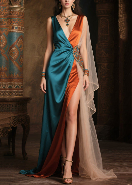 Women's Blue Tulle Patchwork Dress Asymmetrical Hem Lightweight - OutfitLondon