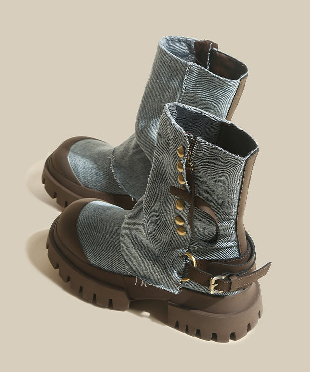Women's Blue Denim Platform Boots Cowhide 5cm Heel - OutfitLondon