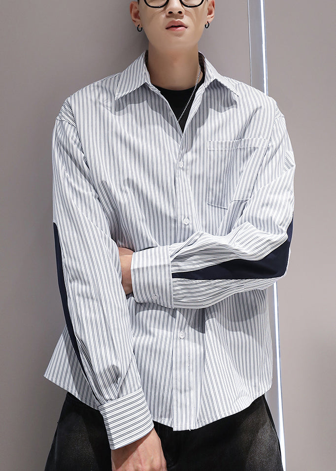 Mens Cotton Patchwork Shirt Blue Stripes Peter Pan Collar - OutfitLondon