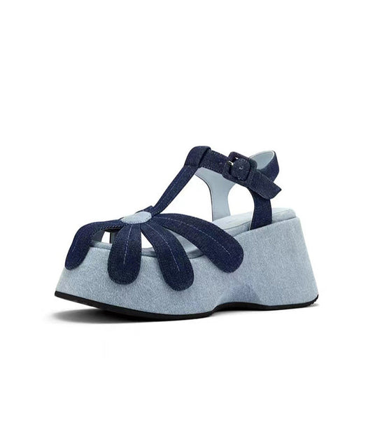 Women's Denim Platform Sandals Cushioned 3.74 Inch Heel Blue - OutfitLondon