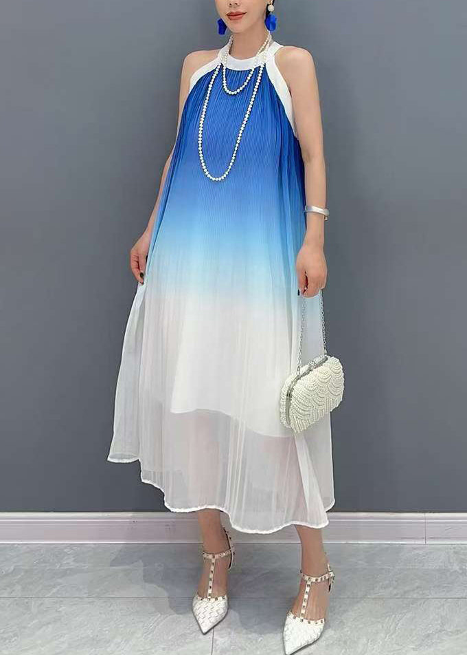 Women's Silk Chiffon Dress Blue Gradient Patchwork - OutfitLondon