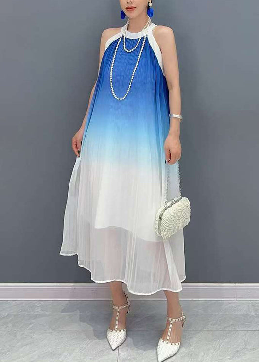 Women's Silk Chiffon Dress Blue Gradient Patchwork - OutfitLondon