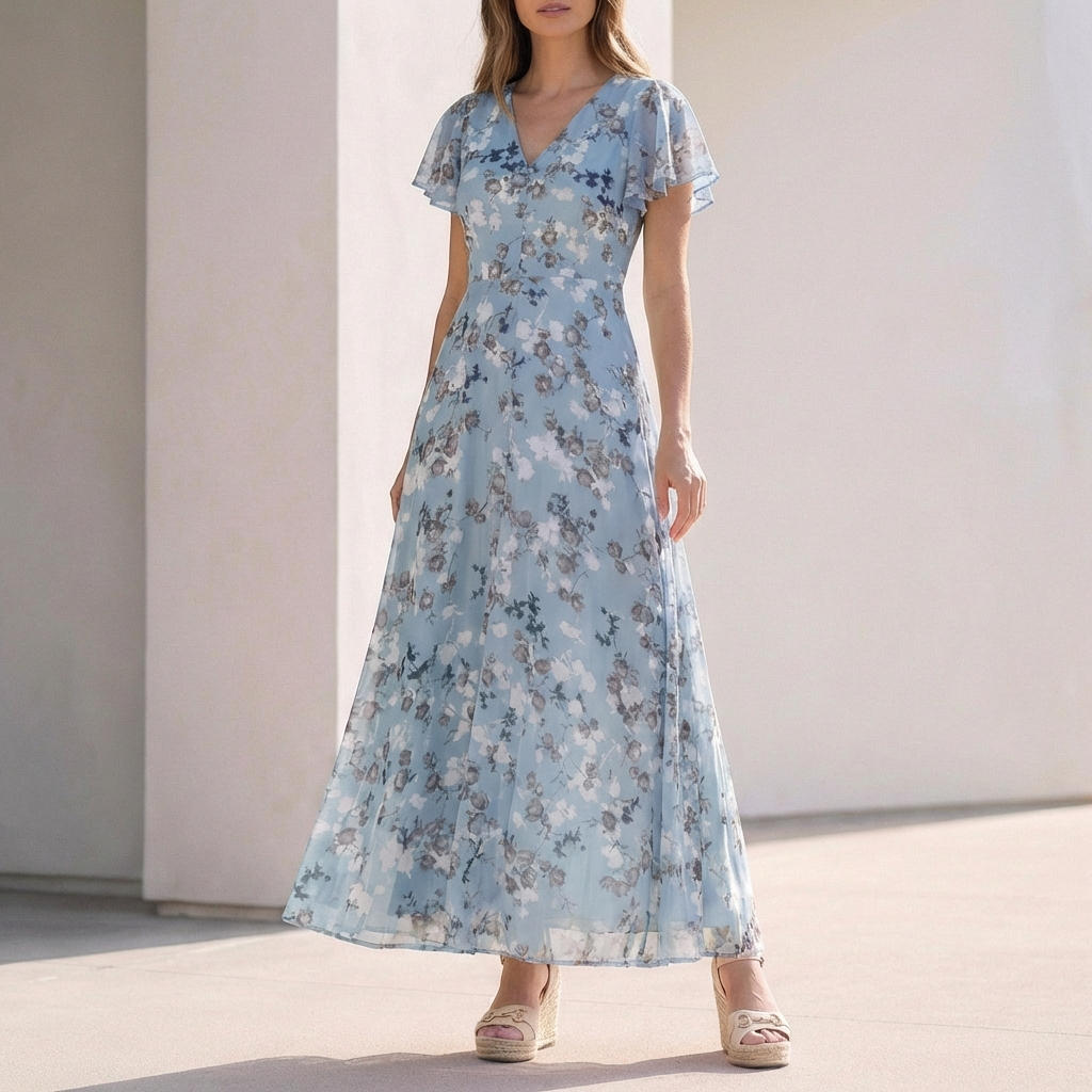Floral V Neck Long Ruffled Maxi Dress - OutfitLondon
