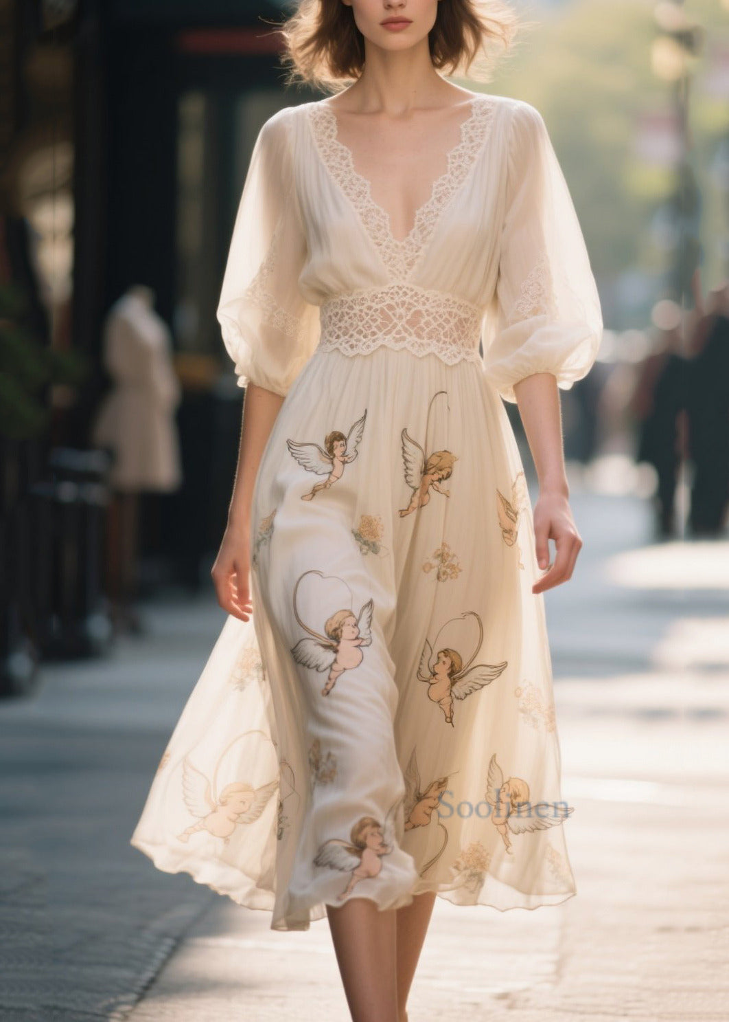 Women's Silk Chiffon Dress Apricot Print Lace Lightweight - OutfitLondon