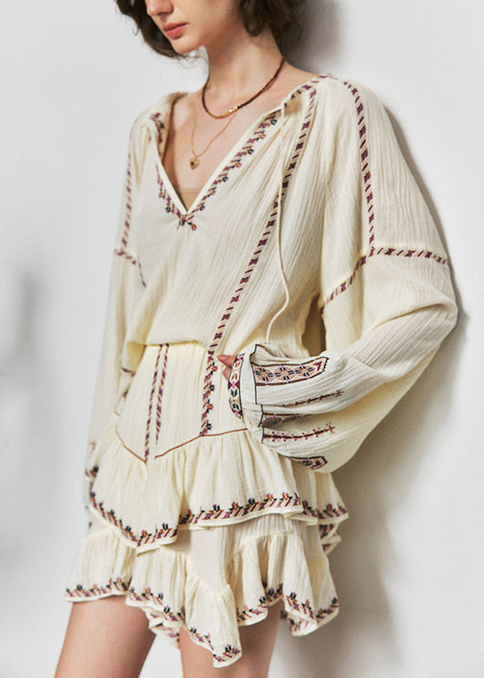 Women's Boho Cotton Two-Piece Set Beige Embroidered - OutfitLondon