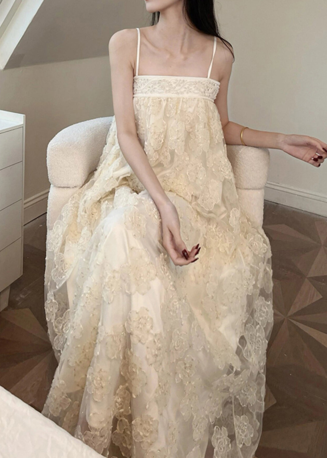 Women's Embroidered Maxi Dress Beige Sleeveless Tulle - OutfitLondon