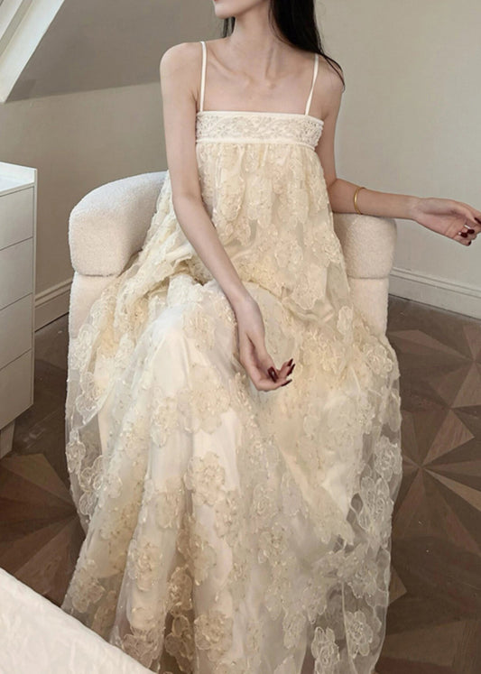 Women's Embroidered Maxi Dress Beige Sleeveless Tulle - OutfitLondon