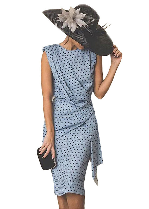 Women's Asymmetrical Wrap Dress Blue Dot Print - OutfitLondon