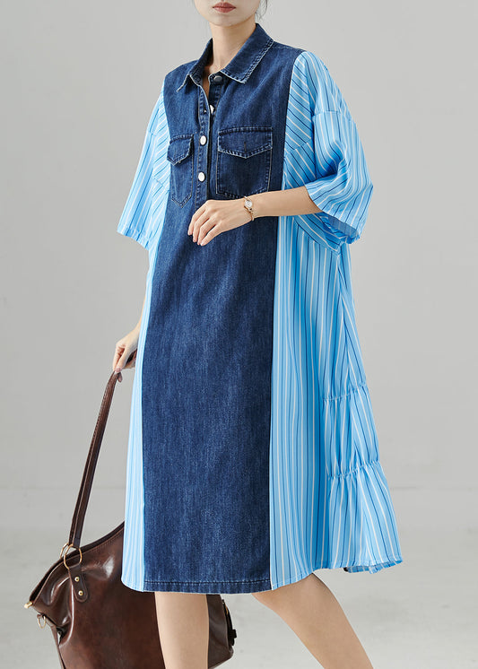 Oversized Denim Patchwork Dress Blue Stripe Boho Style - OutfitLondon