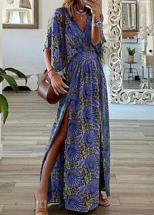 Women's Cotton Beach Dress Blue Print With Side Slit - OutfitLondon